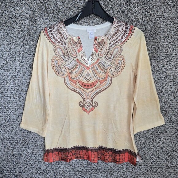 Chicos Top Womens‎ 0 US Small Yellow Embellished V Neck Tee Paisley Ladies - Picture 1 of 7